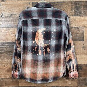 Bleached Crescent Moon Dream Catcher Flannel Shirt Black Burgundy Gray Size Med